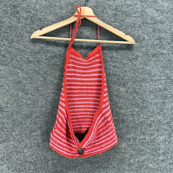 Urban Outfitters Top Women M Medium Red Striped Sleeveless Halter Neck Cotton - Picture 2 of 5